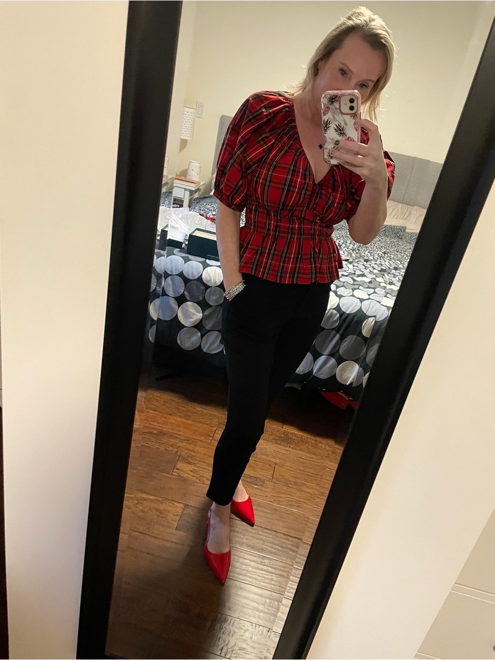 Old Navy Red Plaid Peasant Blouse with Puff Sleeves - Picture 3 of 3